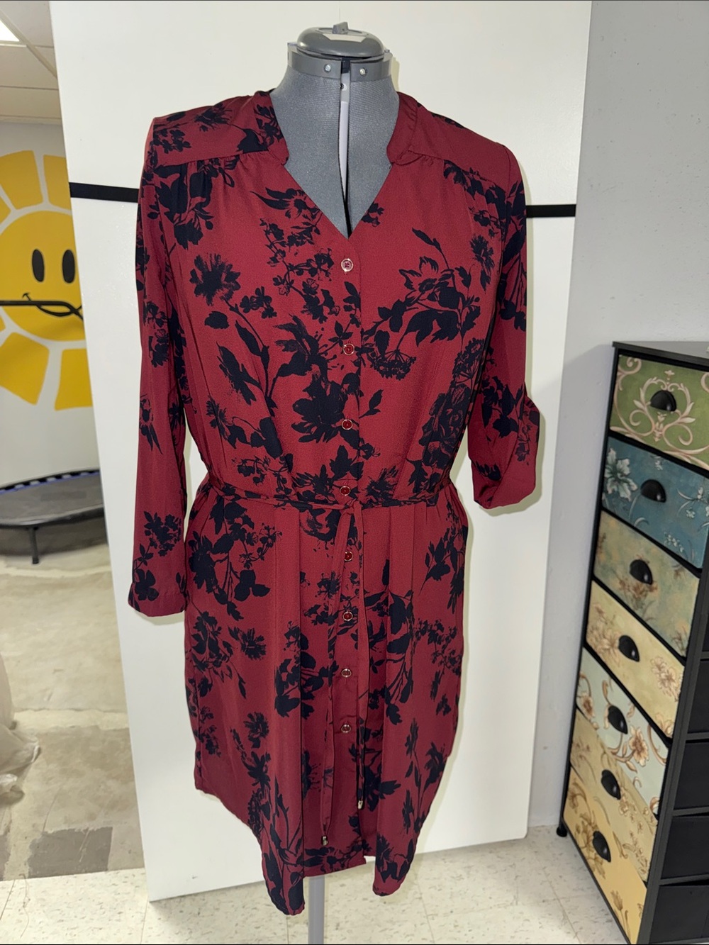 41 Hawthorn Burgundy Floral Button-Front Midi Dress with Tie
